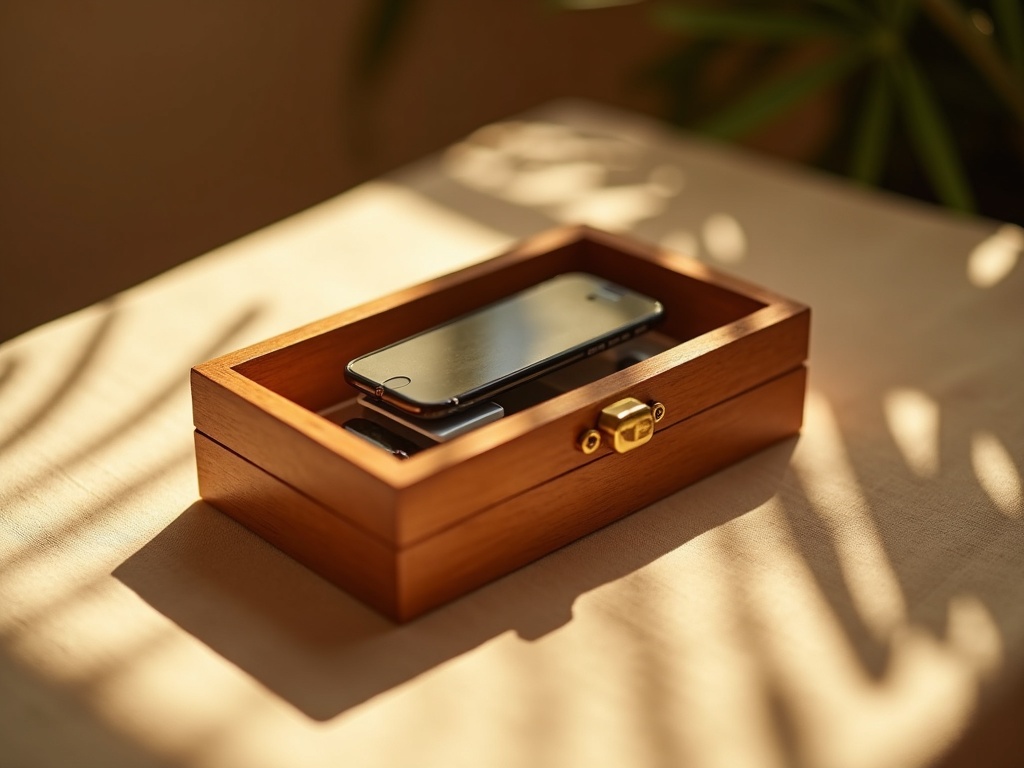 A phone placed into a wooden lockbox on a linen table, symbolizing the screen-free handover