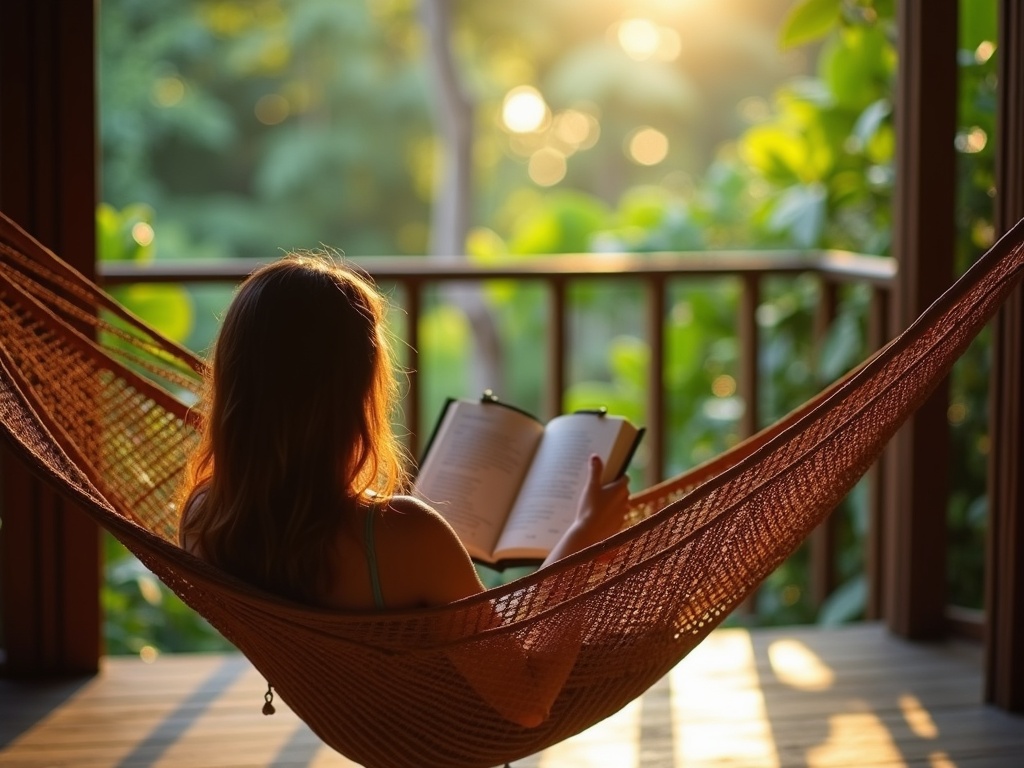 Person resting in a hammock with a paper journal on a jungle balcony, no screens present