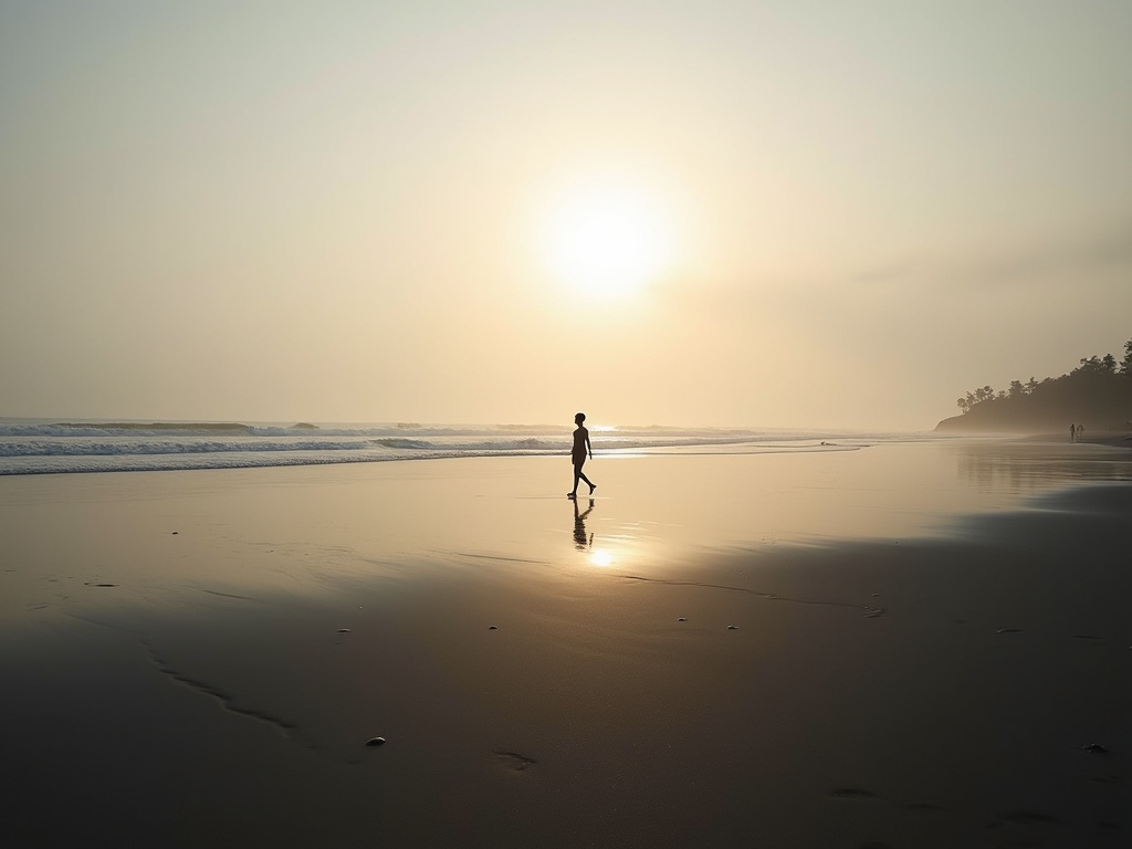 Empty Canggu beach at dawn with a single distant walker along the shoreline