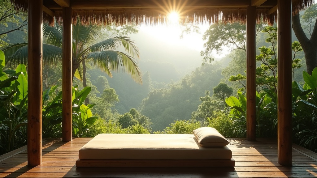 Quiet open-air wooden deck overlooking misty Ubud jungle valley at soft morning light